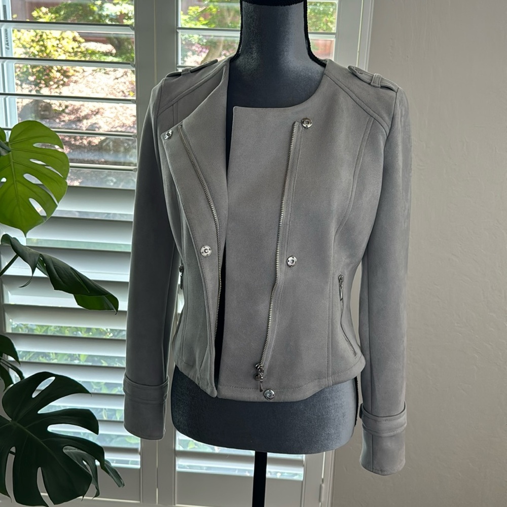 White House Black Market Light Gray Suede Moto Blazer